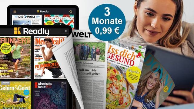 Readly App. Links zwei Tablets mit Zeitschriften-Covern. Daneben weitere Print-Zeitungen. Rechts eine Frau liest auf einem Tablet auf der Couch. Oben das Readly-Logo, mittig ein blauer Badge „3 Monate 0,99 €".