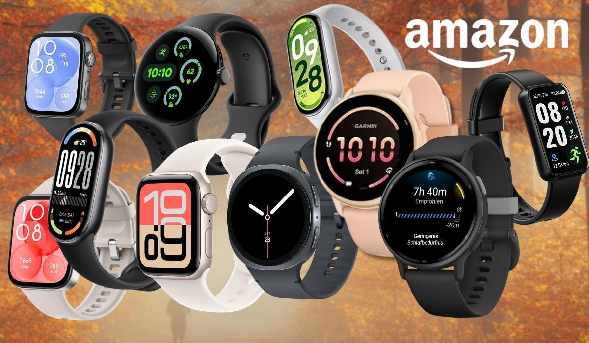 Smartwatch und Fitnesstracker vieler Marken wie Samsung, Apple oder Xiaomi vor Herbstwald-Hintergrund.