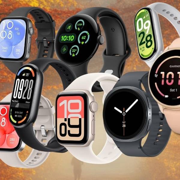 Smartwatch und Fitnesstracker vieler Marken wie Samsung, Apple oder Xiaomi vor Herbstwald-Hintergrund.