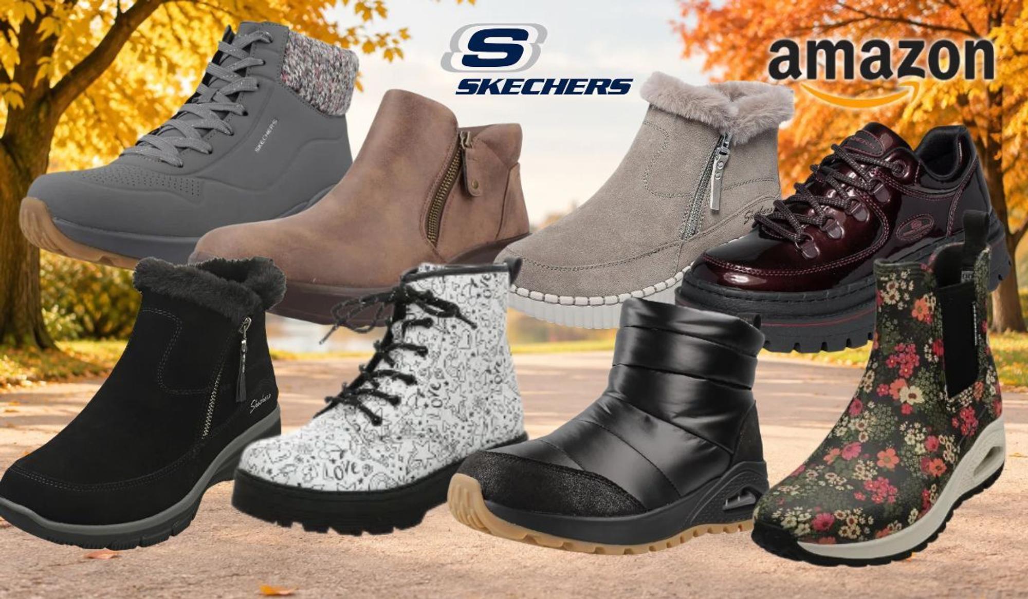 Verschiedene Skechers Herbststiefel vor Hintergrund mit Park und Herbstbäumen.