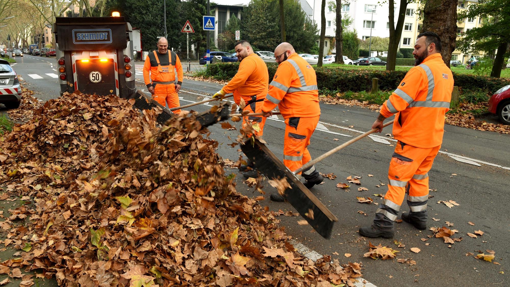 Mitarbeiter der AWB räumen Laub weg auf der Neuenhöfer Allee.