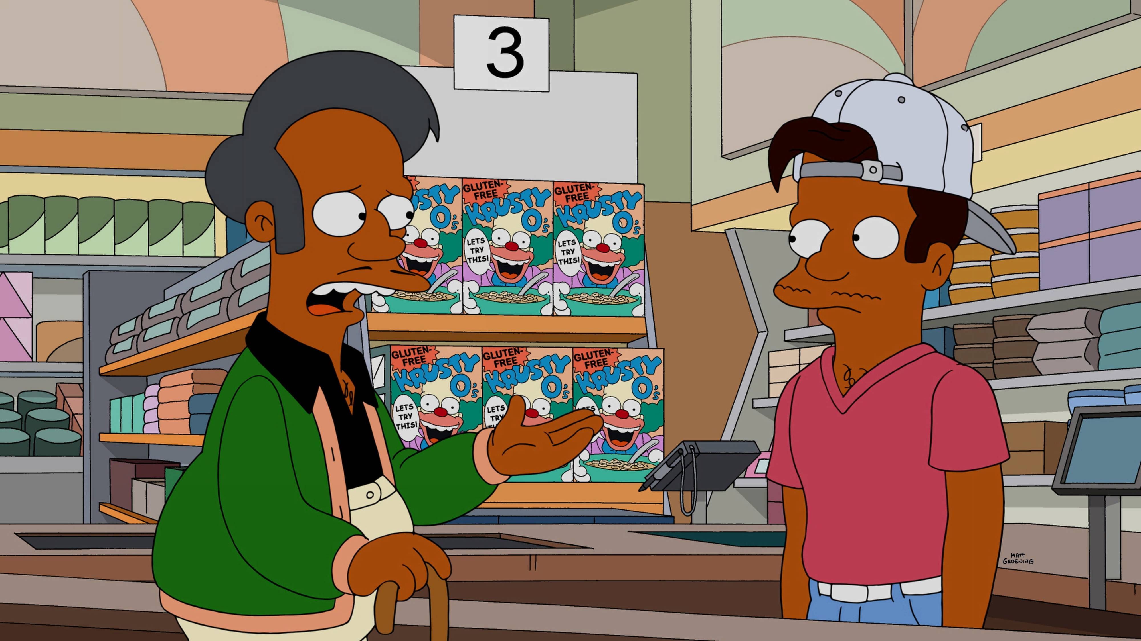 Die Trickfilmfigur Apu spricht mit seinem Neffen.