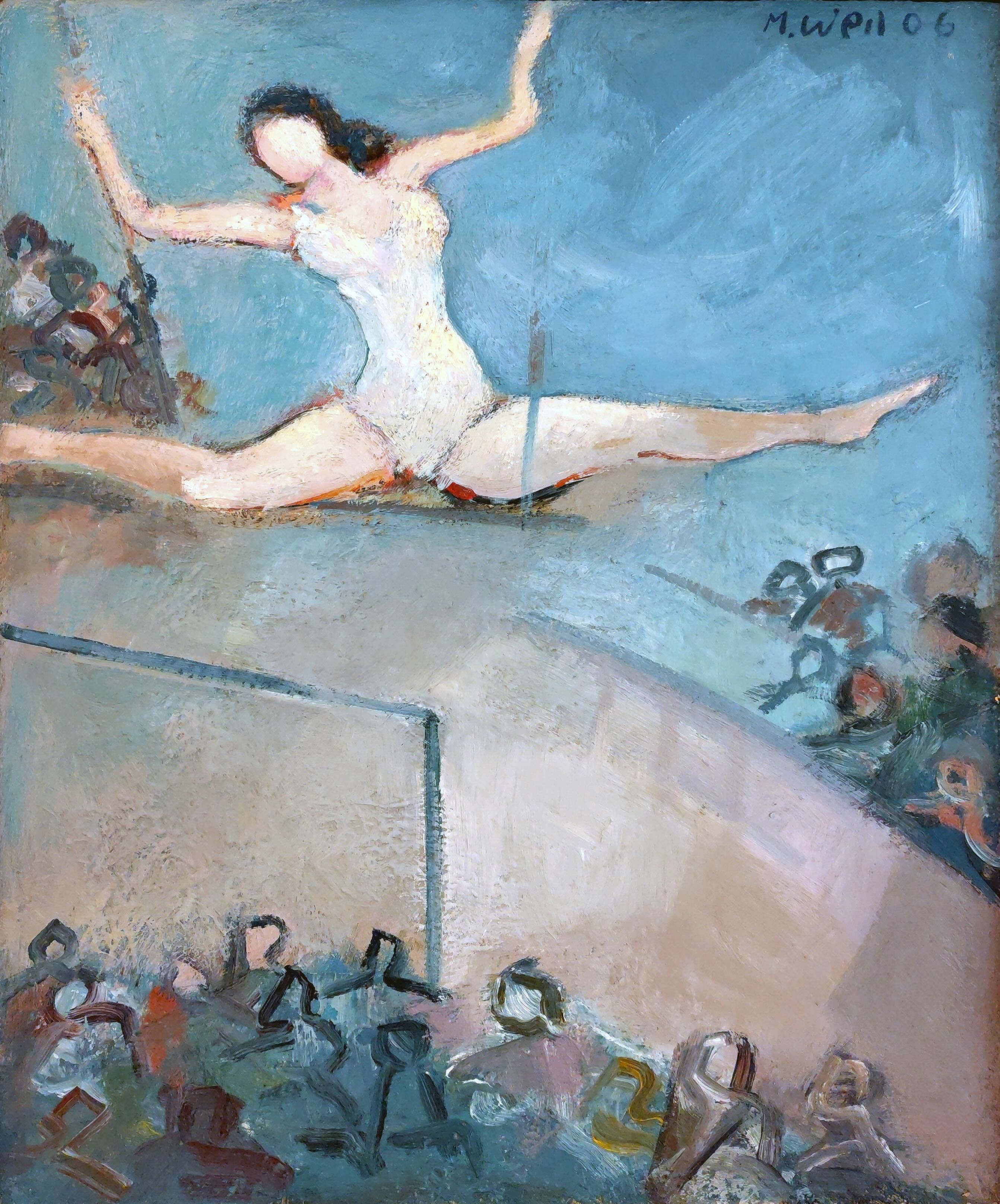 Manfred Weil: Trapezkünstlerin, 2006, Öl auf Holz, 60 x 50 cm
