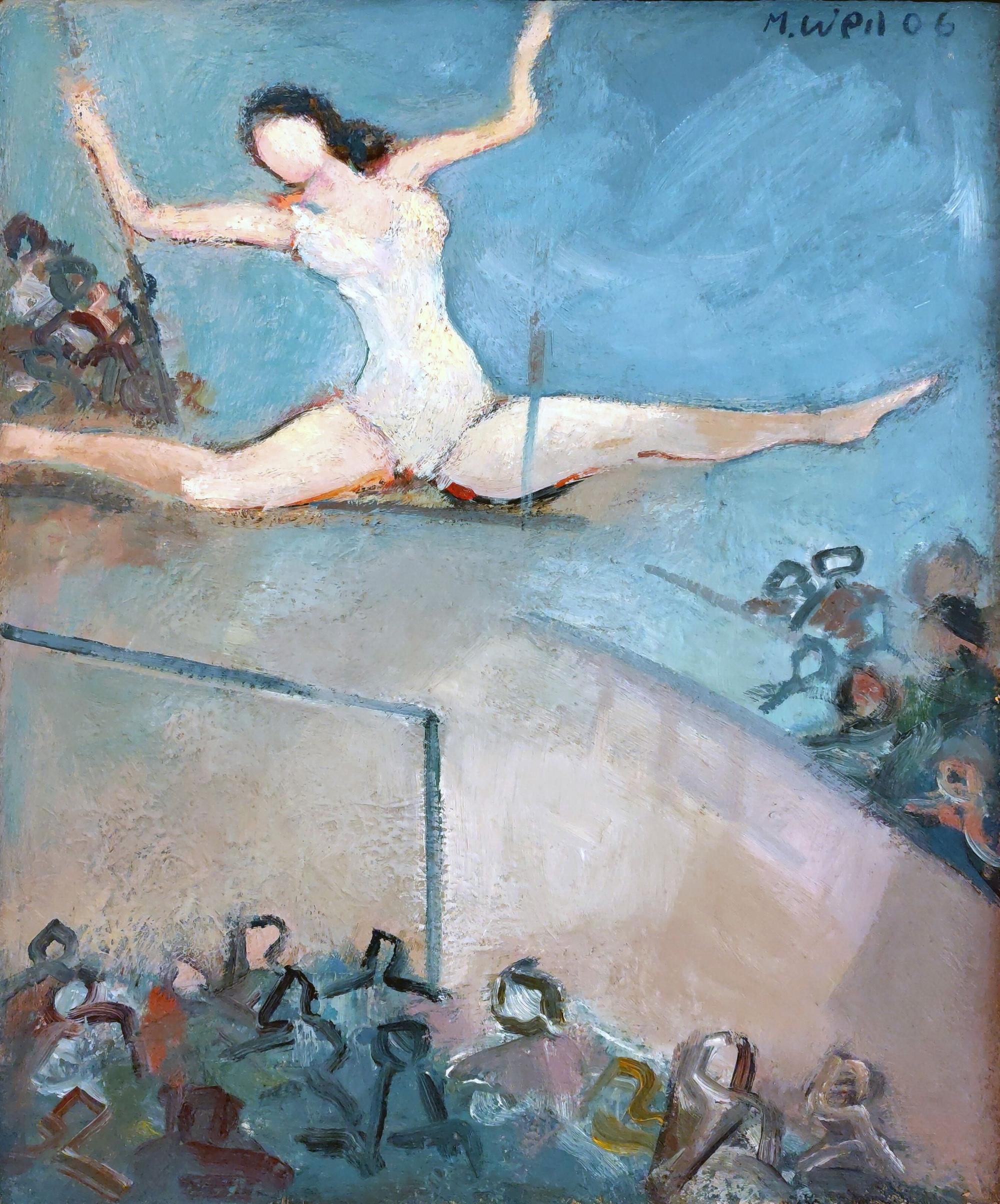 Manfred Weil: Trapezkünstlerin, 2006, Öl auf Holz, 60 x 50 cm