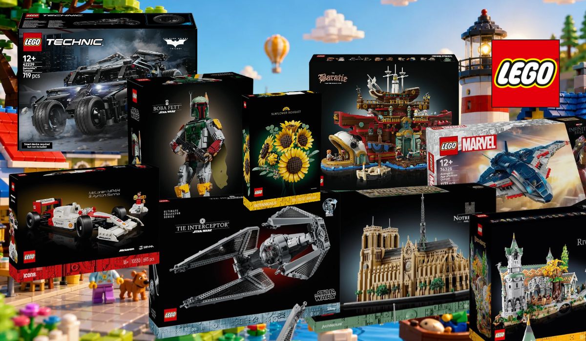 Lego Sets aus den unterschiedlichsten Themenwelten wie Star Wars, City, Marvel, Herr der Ringe, Batman, Architecture und mehr vor einem blauen Hintergrund.