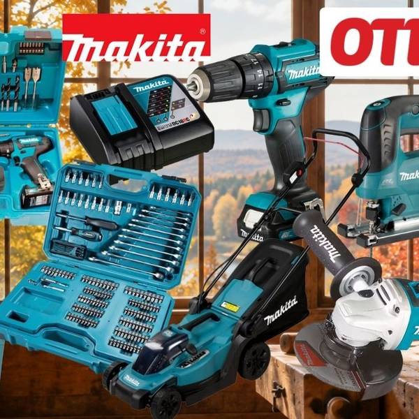 Makita Werkzeuge vor einem Hintergrund einer Werkstatt mit Herbst vor dem Fenster.
