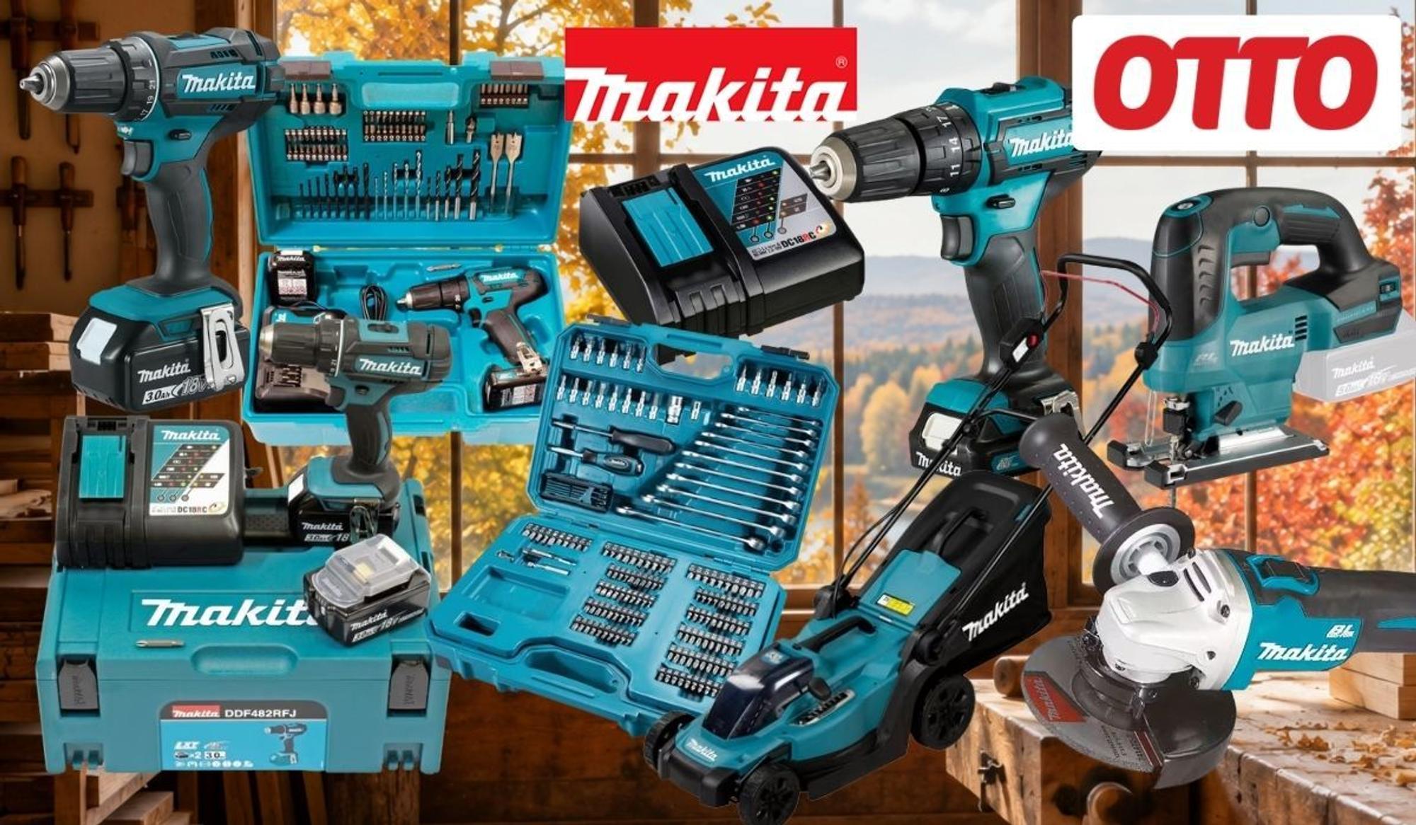 Makita Werkzeuge vor einem Hintergrund einer Werkstatt mit Herbst vor dem Fenster.