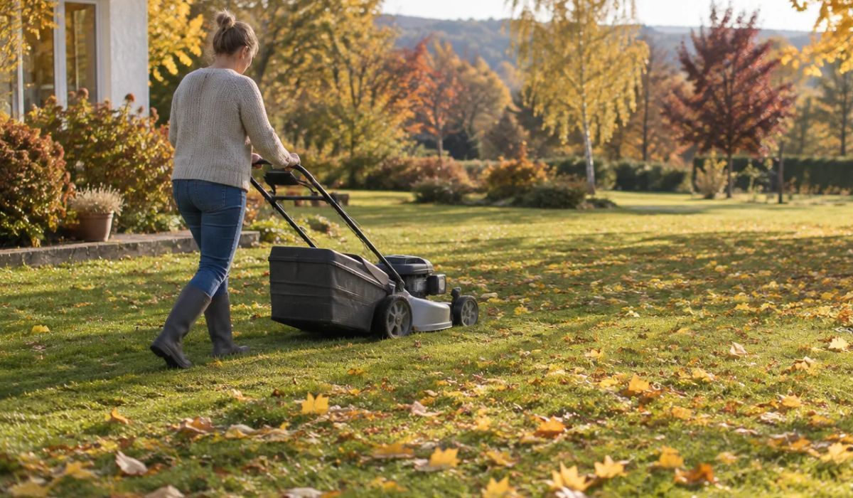 Grüner Rasen mit herabgefallenem Herbstlaub im Garten. Person mäht den Rasen mit Rasenmäher.