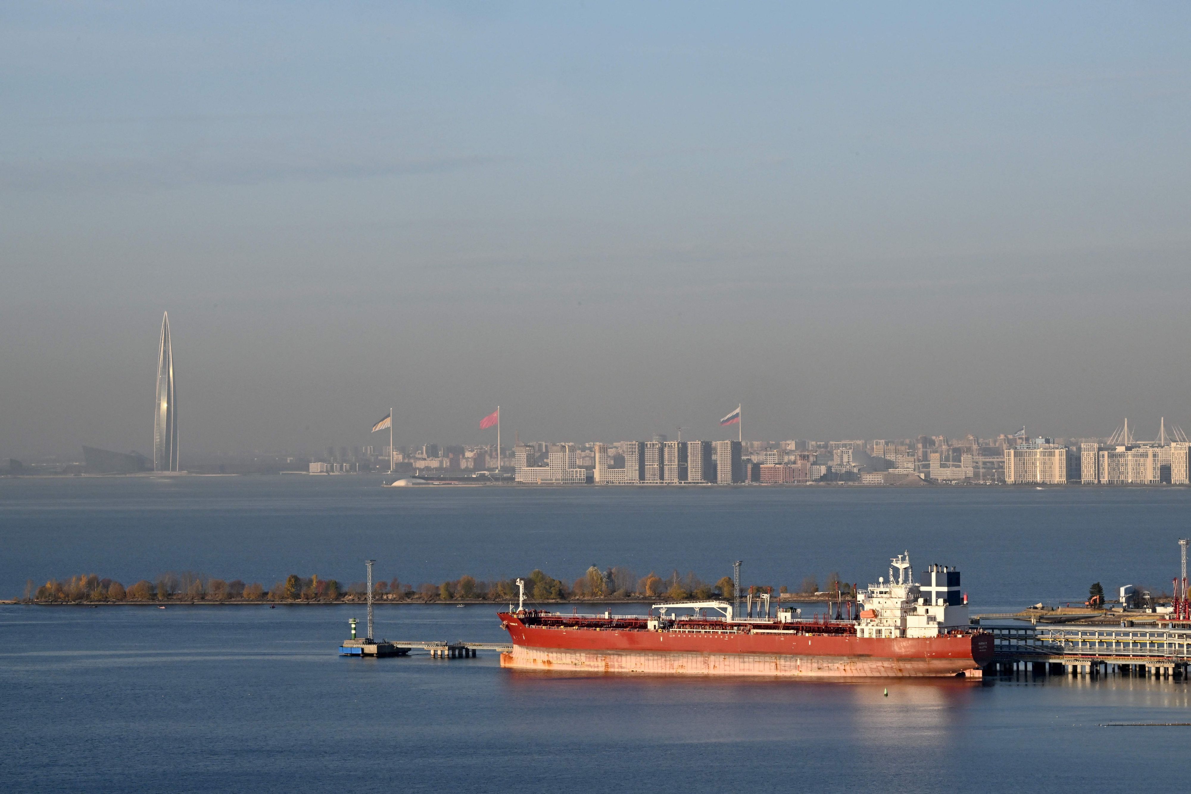 Chemical and oil products tanker "Marina M" is seen docked at the port of Saint Petersburg on October 22, 2026. (Photo by Olga MALTSEVA / AFP)