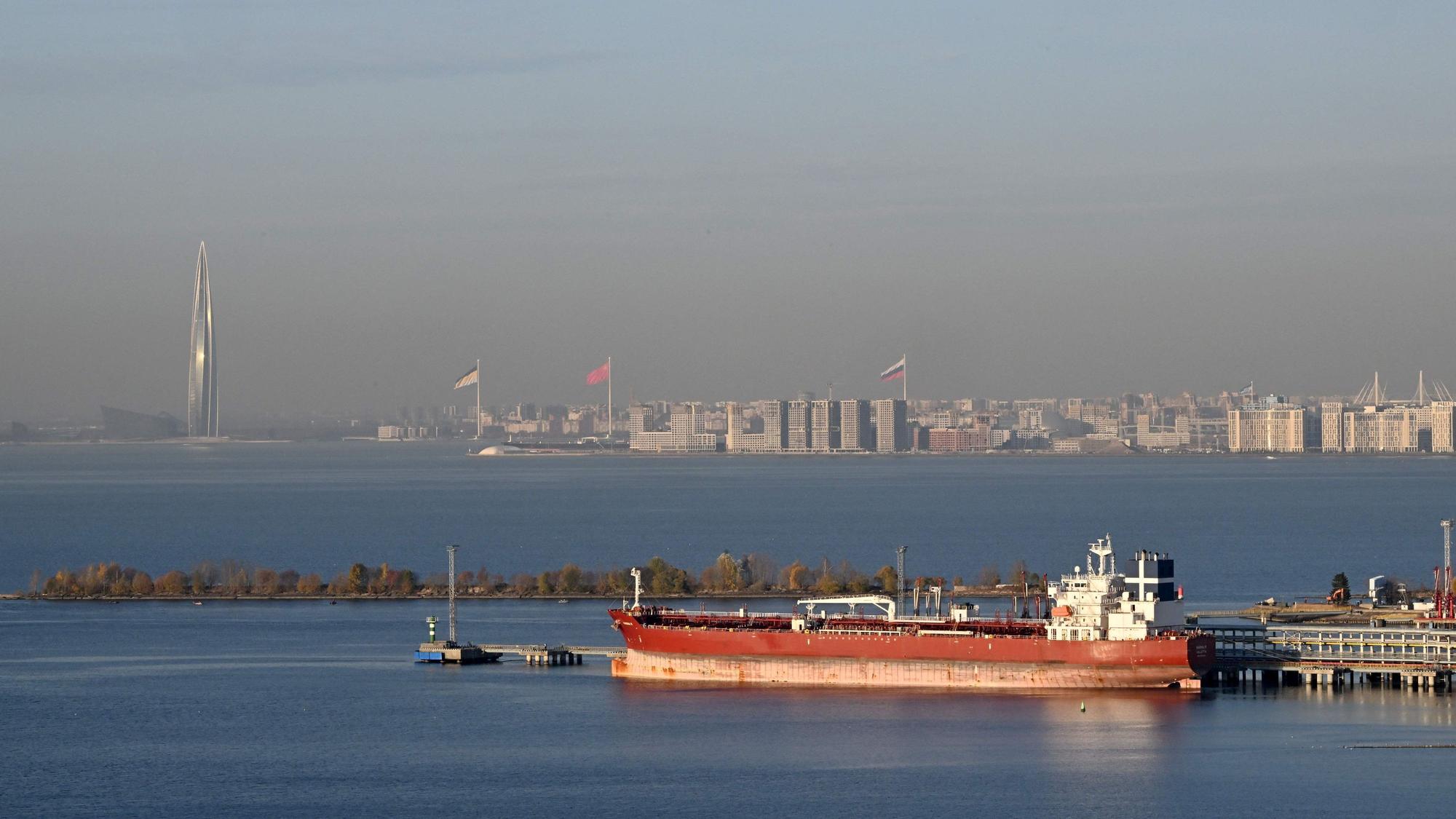 Chemical and oil products tanker "Marina M" is seen docked at the port of Saint Petersburg on October 22, 2026. (Photo by Olga MALTSEVA / AFP)