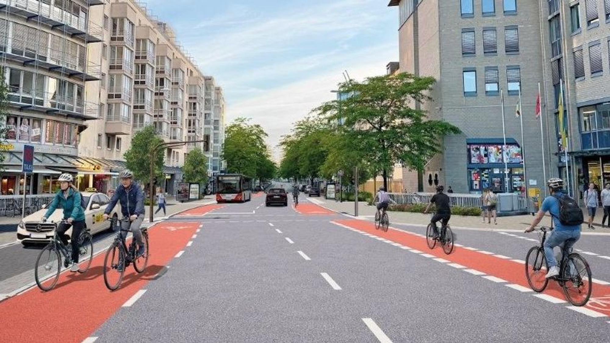 Die Visualisierung zeigt die geplante Umgestaltung des Verkehrsraums an der Haltestelle Neusser Straße/Gürtel in Köln-Nippes.
