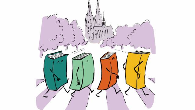 Eine Zeichnung zeigt Bücher, die über einen Zebrastreifen laufen. Im Hintergrund steht eine Kirche.