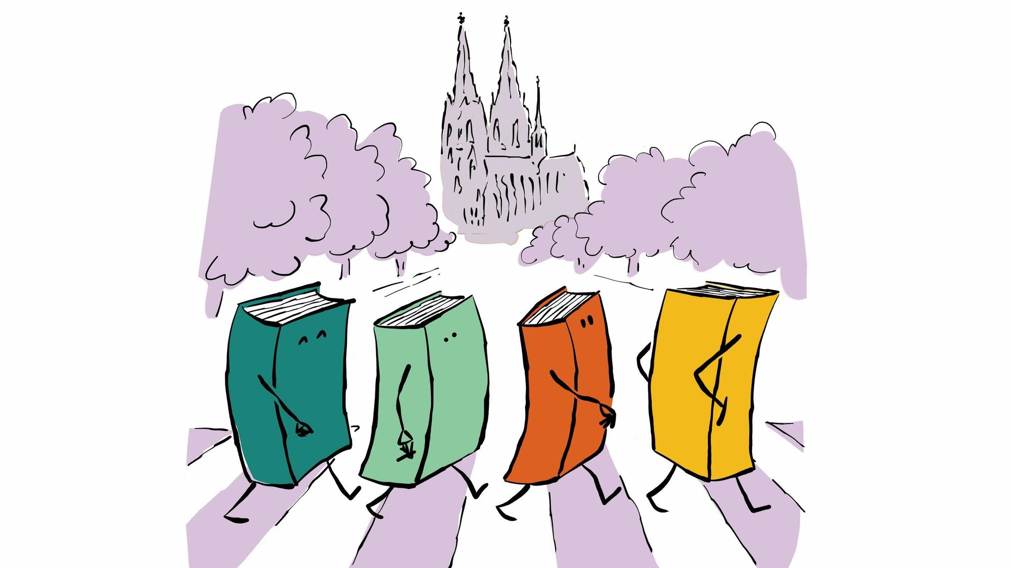 Eine Zeichnung zeigt Bücher, die über einen Zebrastreifen laufen. Im Hintergrund steht eine Kirche.