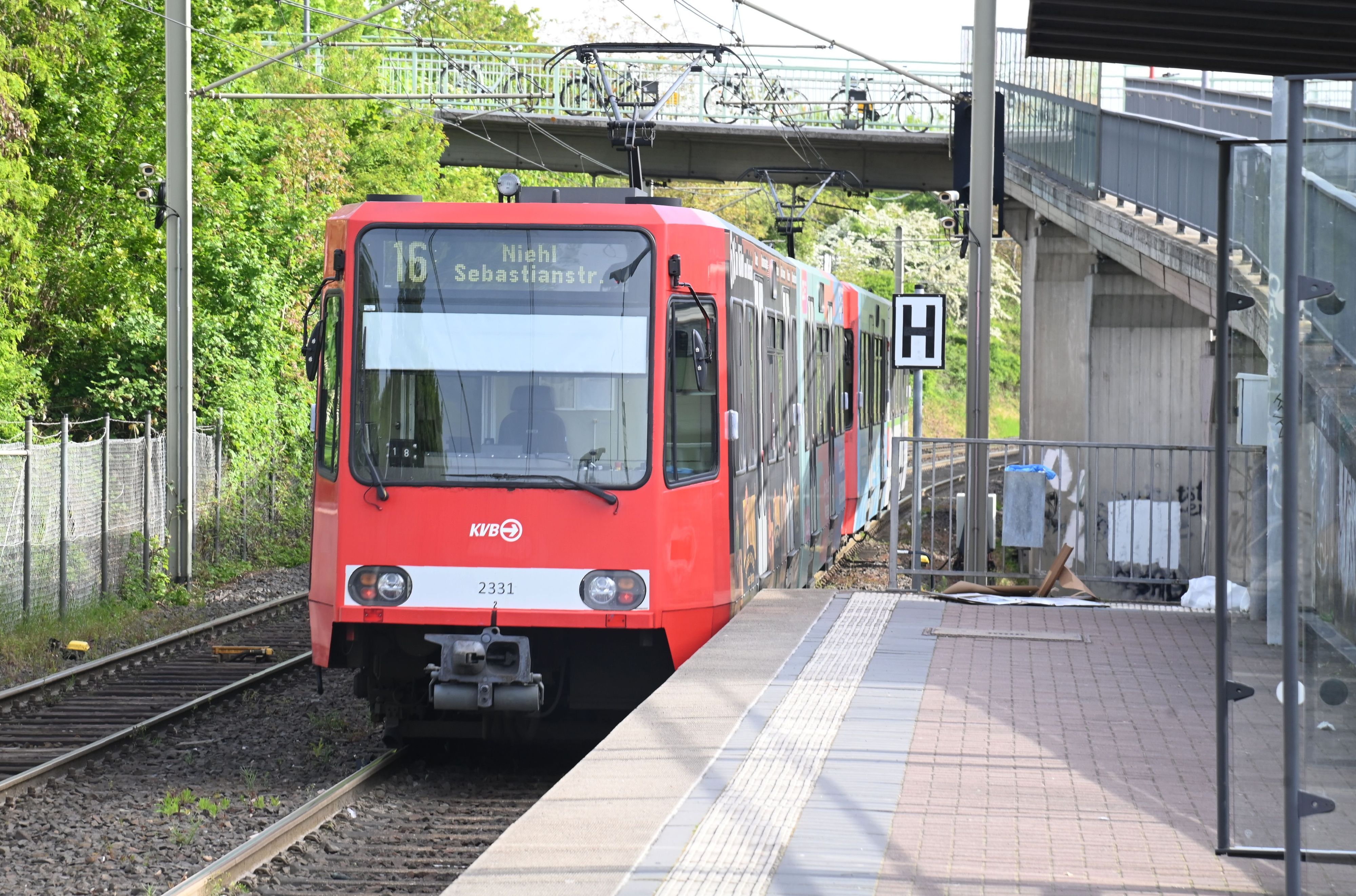 Eine KVB-Bahn der Linie 16 an der Haltestelle Köln-Godorf.