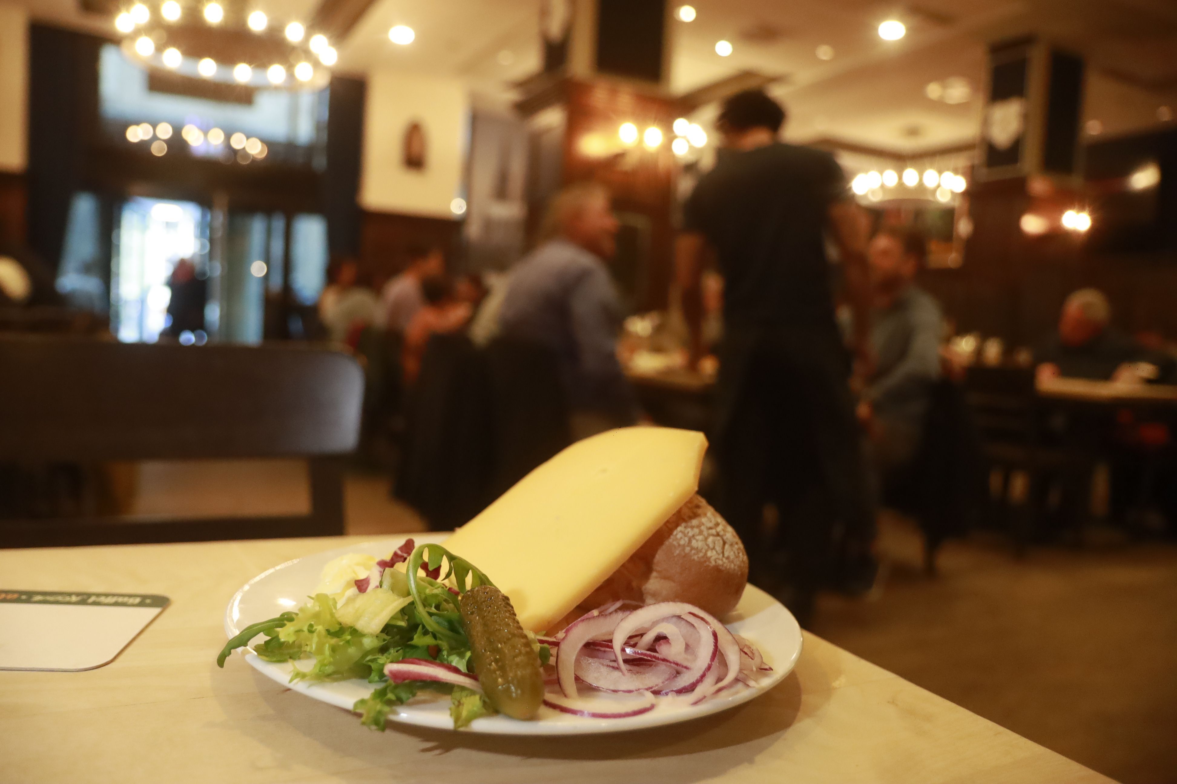 Auf einem Teller liegen ein Roggenbrötchen, eine dicke Scheibe mittelalter Gouda, Zwiebeln sowie eine Gewürzgurke.