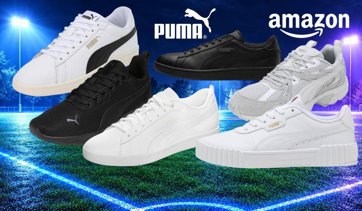 Puma-Sneaker wie Smash V2, Smash 3.0 oder Carina vor einem dunklen Sporthintergrund mit Neon-Strahlern.