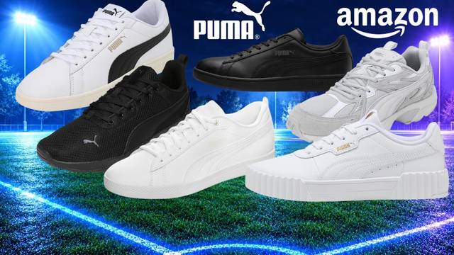 Puma-Sneaker wie Smash V2, Smash 3.0 oder Carina vor einem dunklen Sporthintergrund mit Neon-Strahlern.
