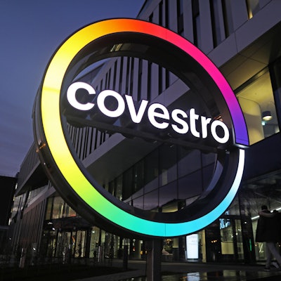 Das Covestro-Logo in Leverkusen