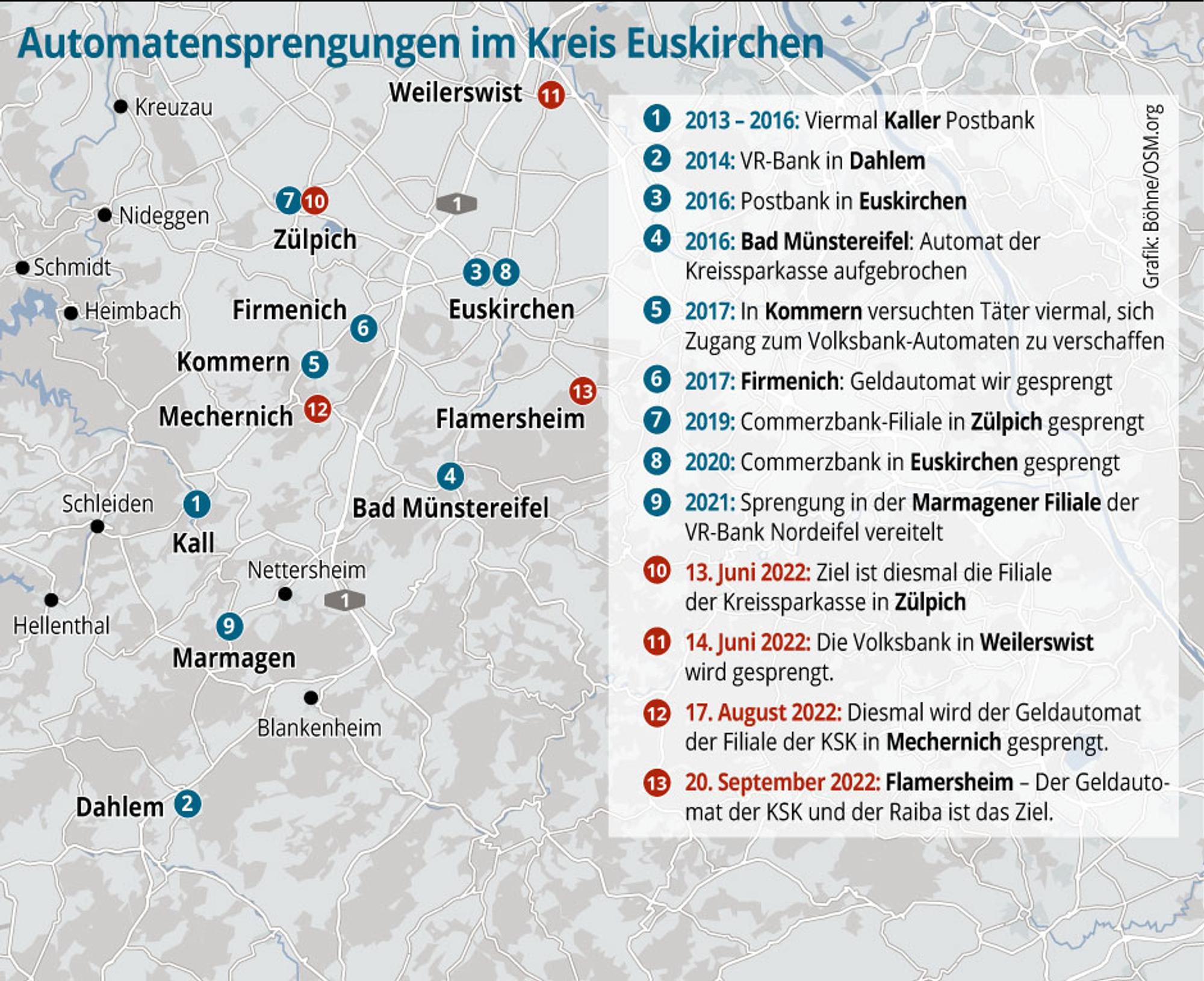 Die Karte zeigt die Geldautomatensprengungen im Kreis Euskirchen.
