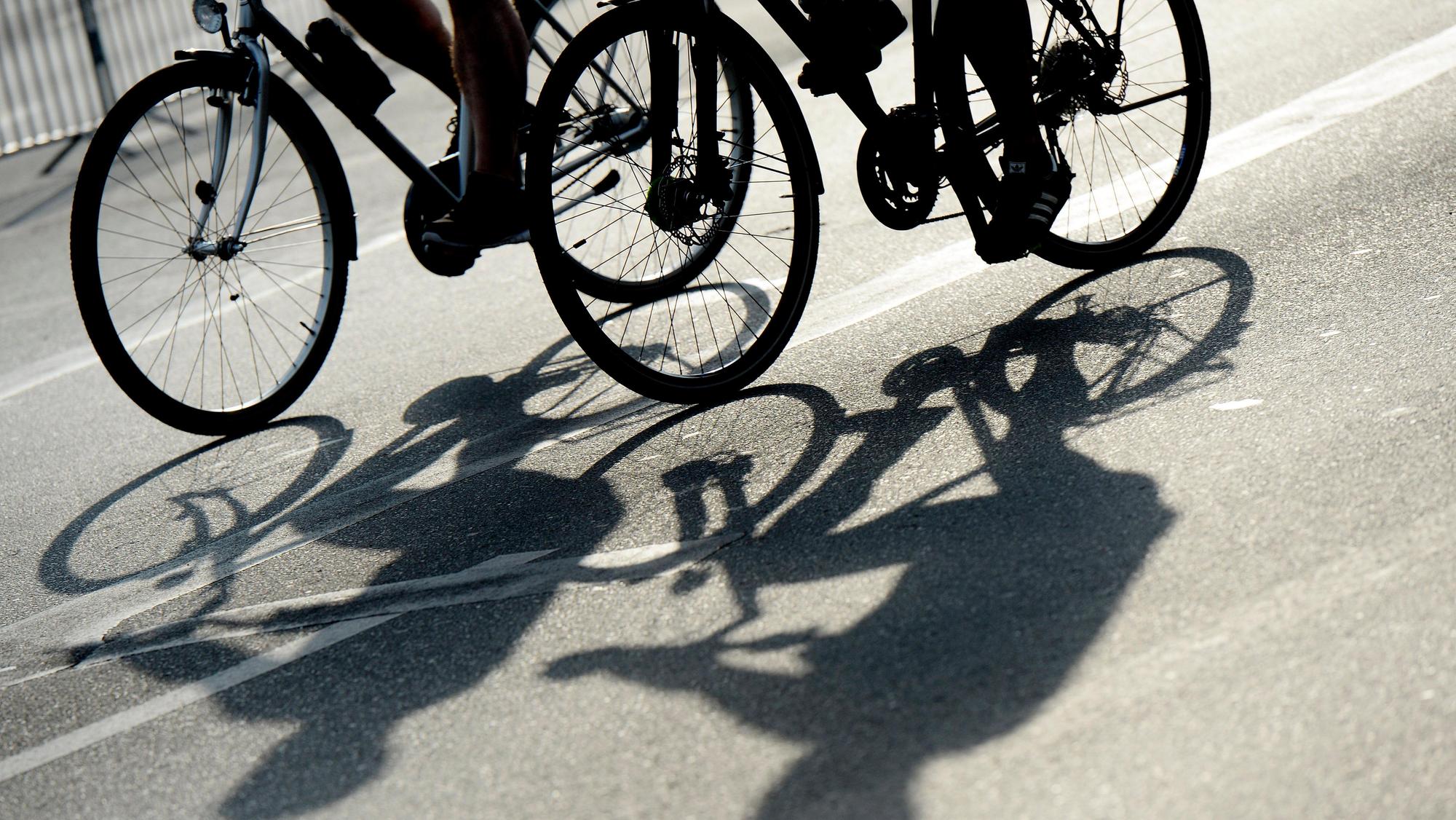 Die Schatten zweier Radfahrer auf einer Straße.