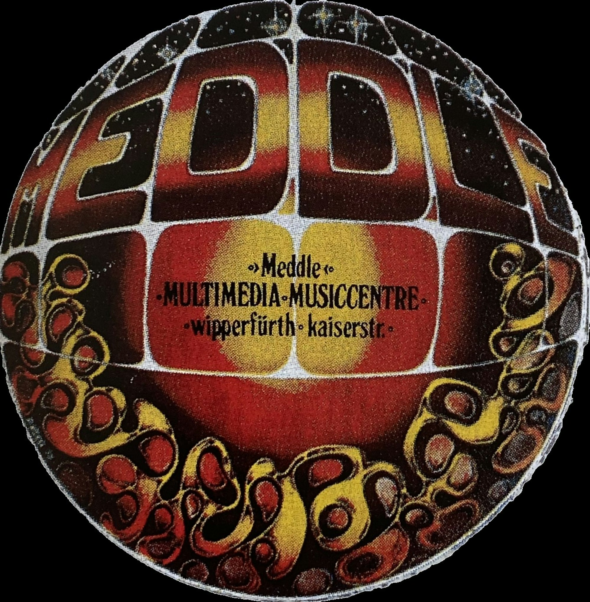 Schriftzug „Meddle“ auf rotgelben Hintergrund. Die Grafik sieht aus wie eine Disco-Kugel.