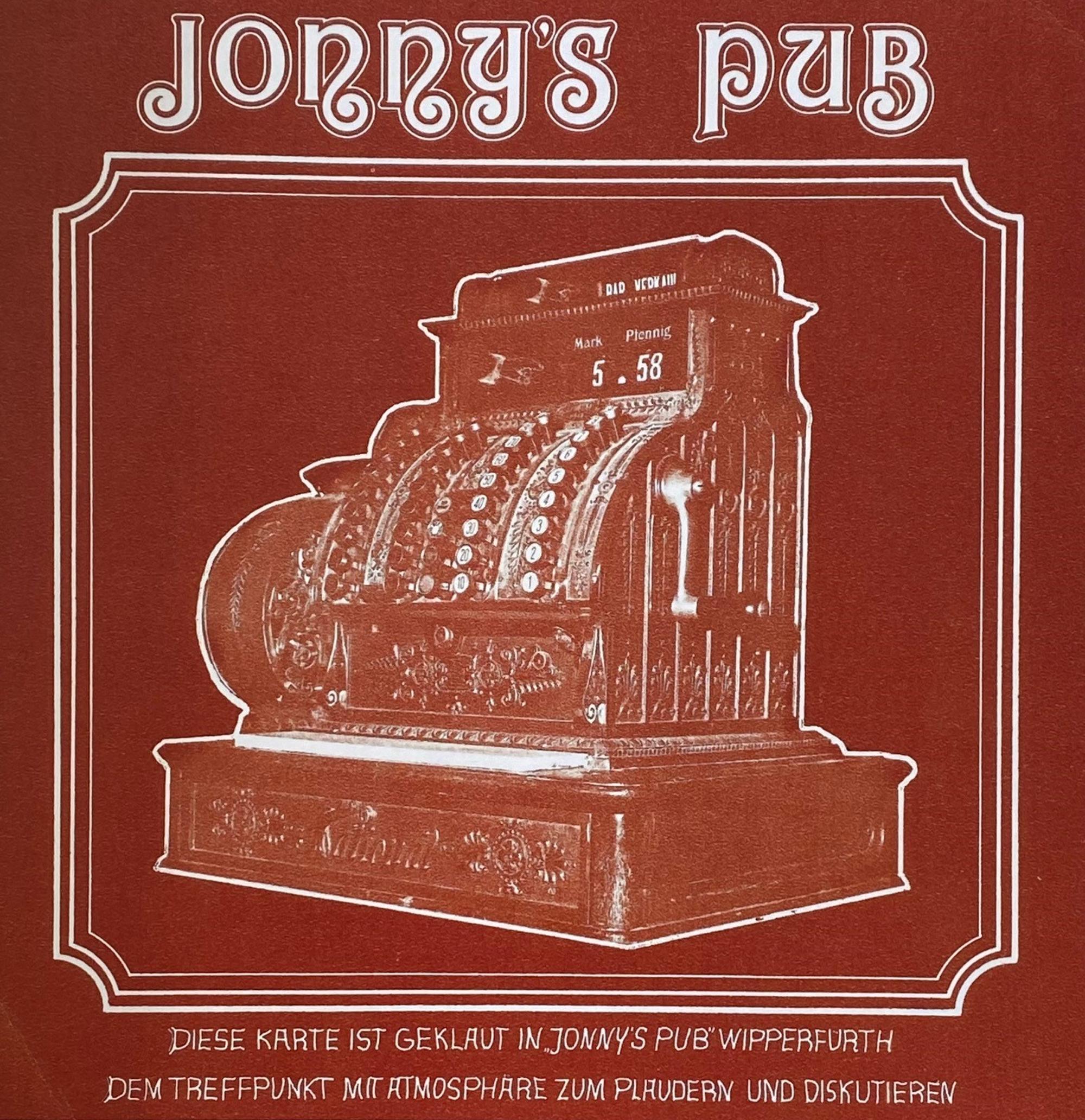 Ein alter Flyer, der eine Kasse auf rotem Hintergrund zeigt.