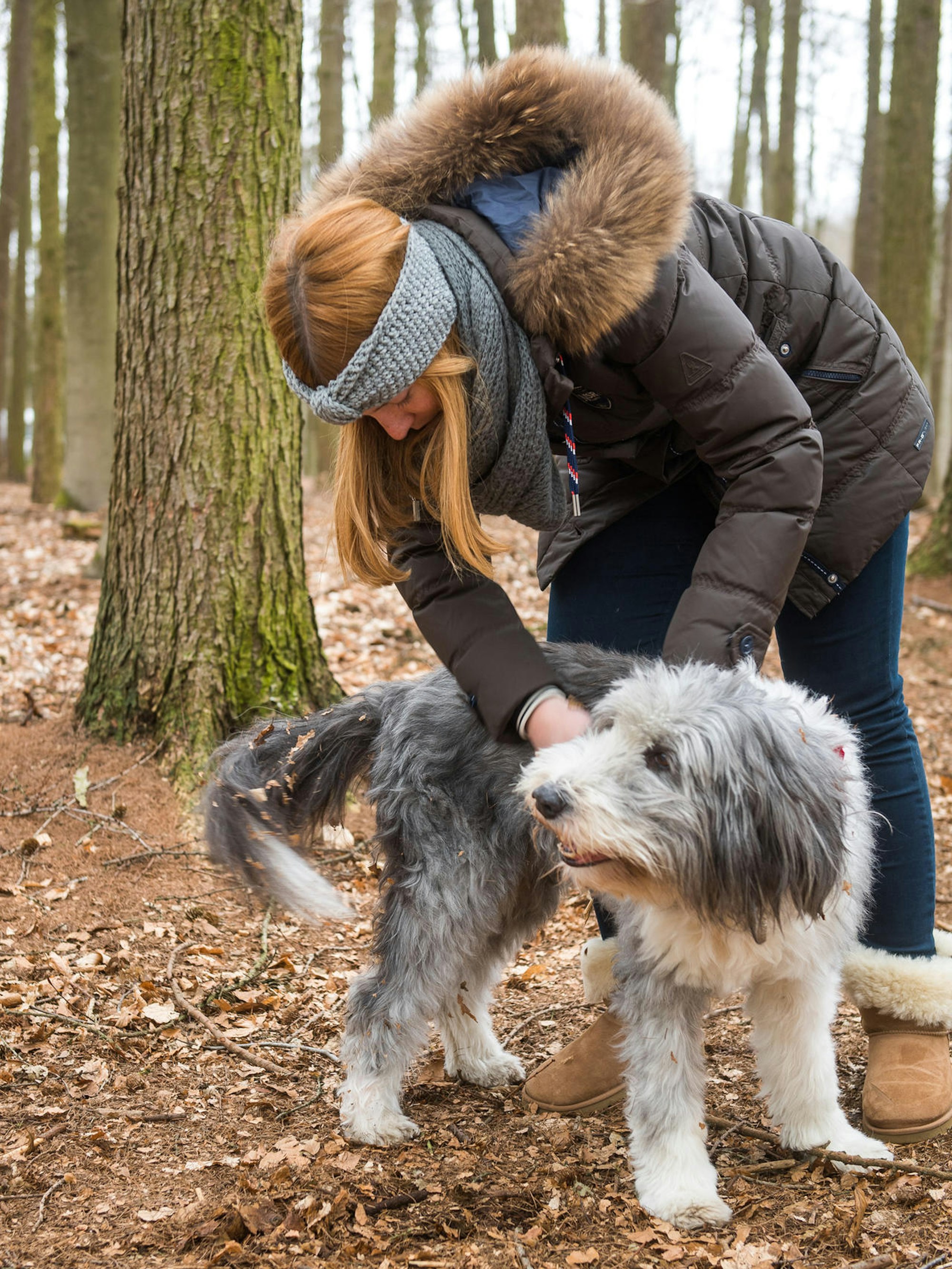 Eine Frau beugt sich über einen Hund