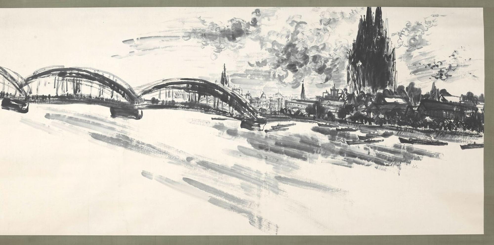 "Köln am Rhein" auf einer rund vier Meter breiten Hängerolle von Uchiyama Ukai.
