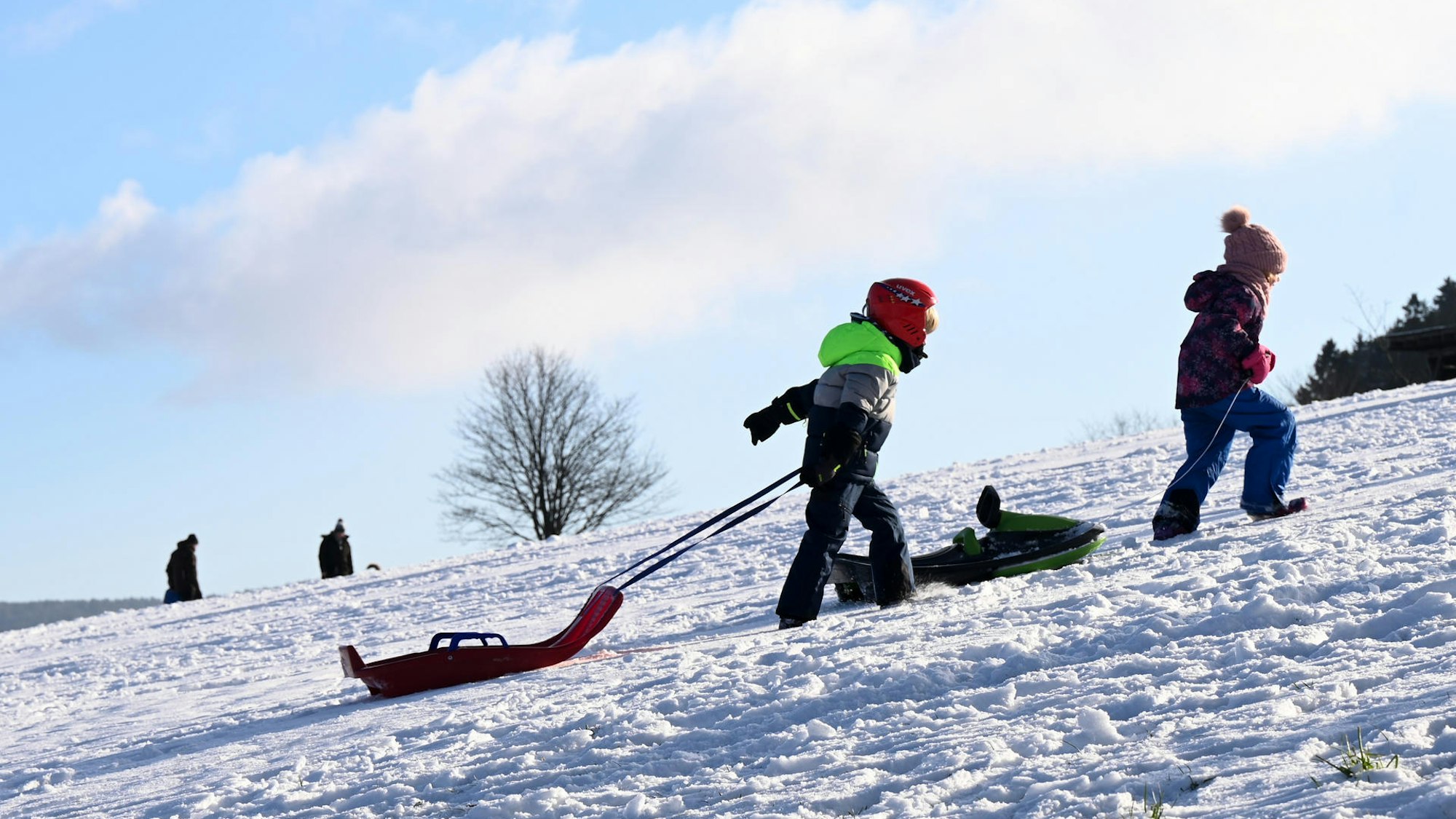 Zwei Kinder ziehen ihre Schlitten einen verschneiten Hang hoch.