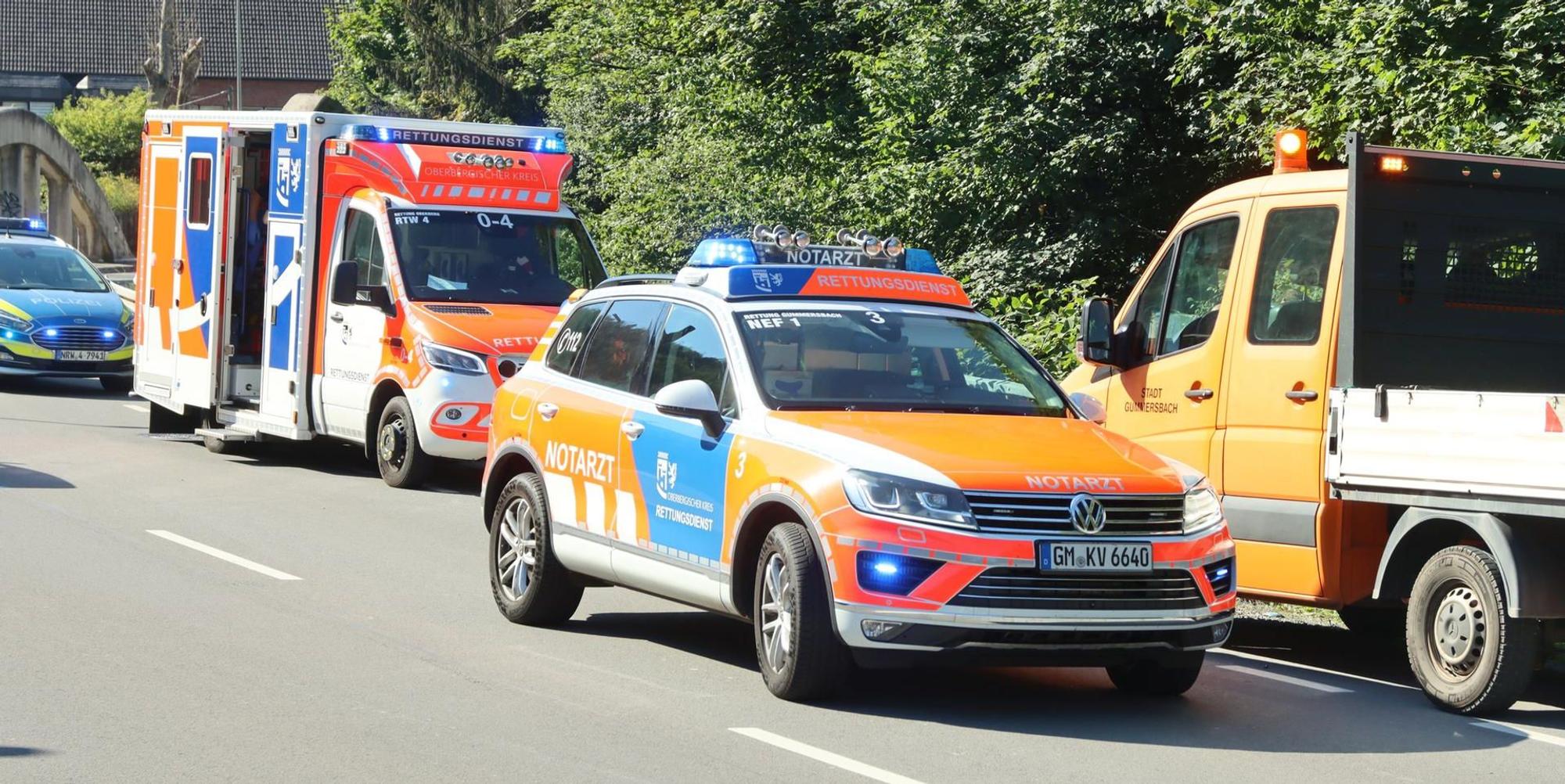 Rettungsfahrzeuge stehen mit Blaulicht auf der Straße.