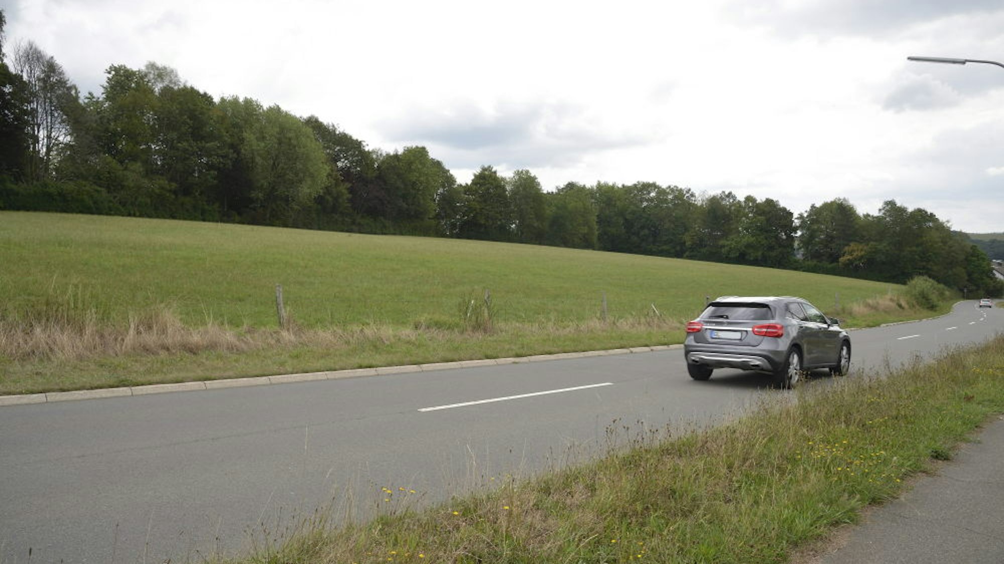 Ein silbernes Auto fährt auf einer Straße, daneben eine Wiesenfläche, wo demnächst 23 neue Häuser enstehen könnten.